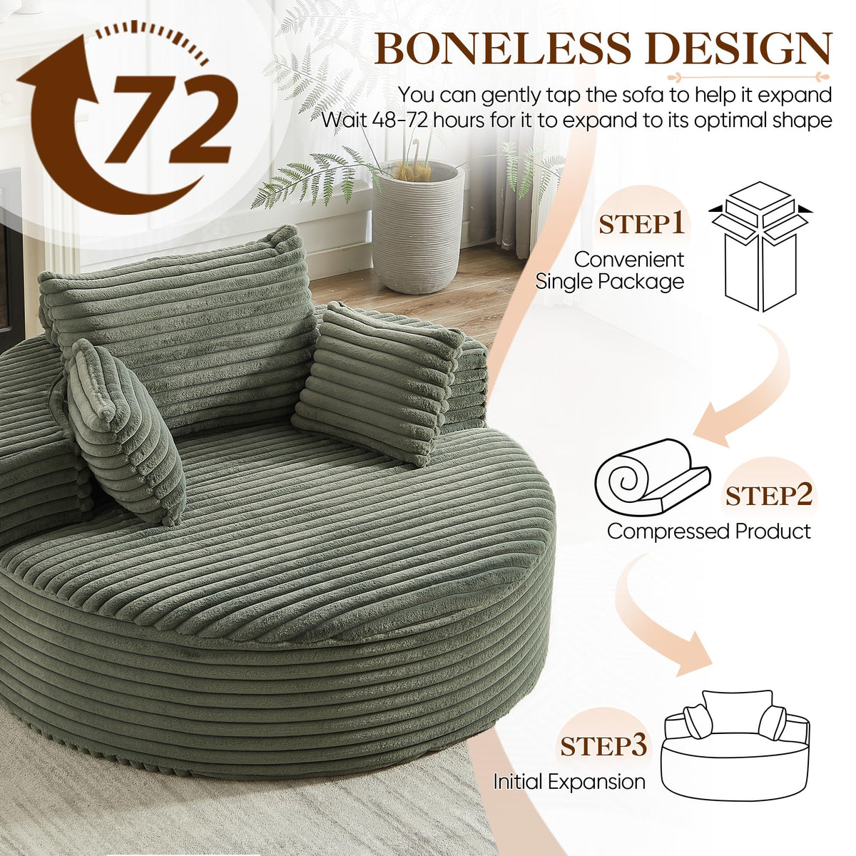 Oversized Round Chaise Longue Chair Indoor, Modern 55-inch Upholstered Corduroy Deep Seat Circle Single Cloud Lounge Floor Sofa Chair for Living Room, Bedroom Apartment, Beige