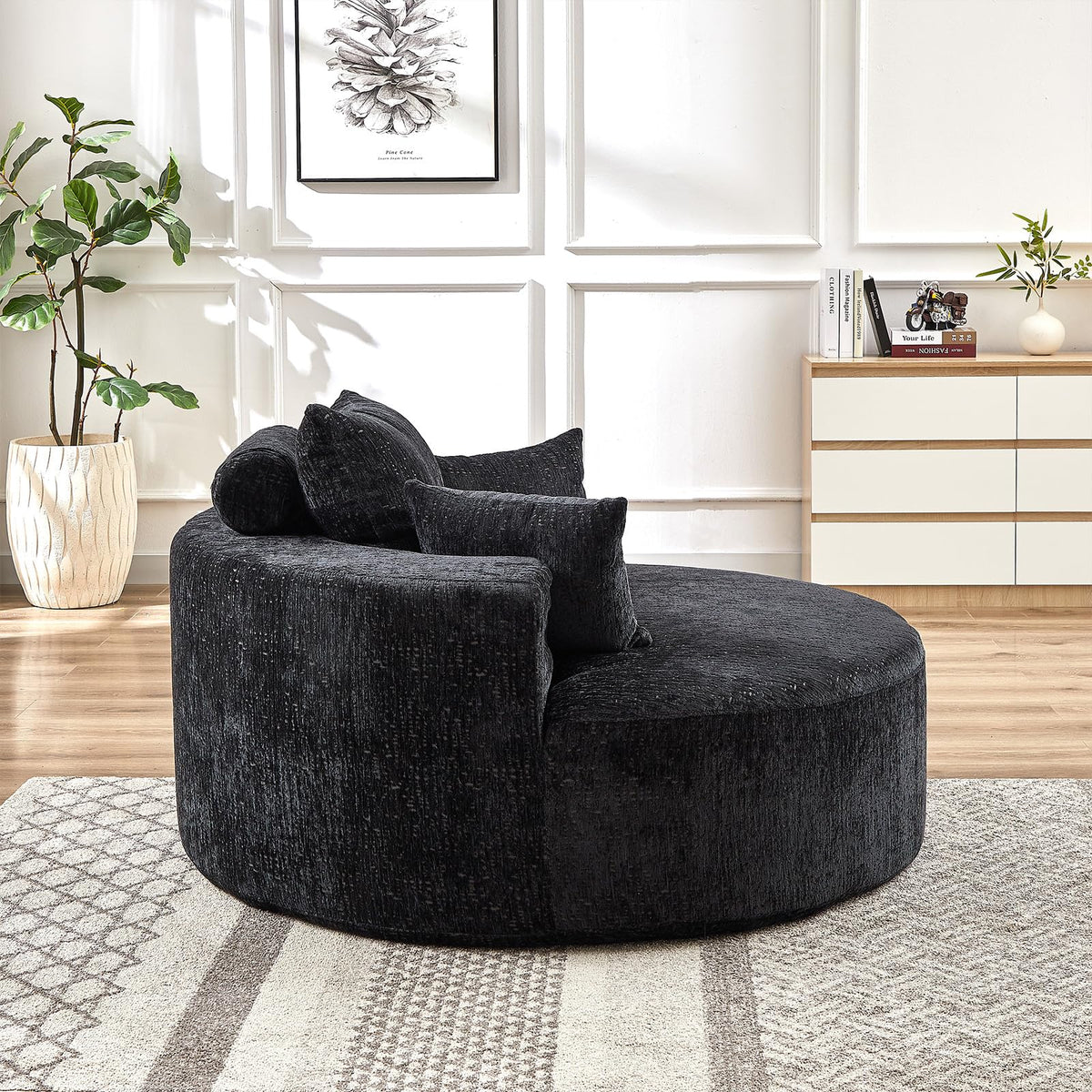 Oversized Round Chaise Longue Chair Indoor, Modern 55-inch Upholstered Corduroy Deep Seat Circle Single Cloud Lounge Floor Sofa Chair for Living Room, Bedroom Apartment, Beige
