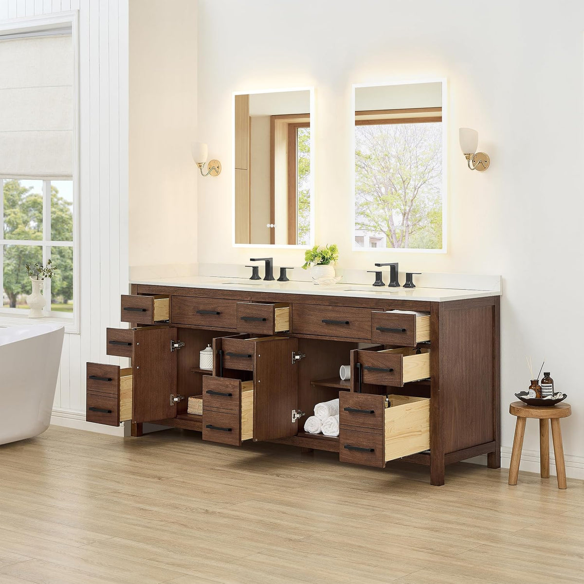 Wyndham Collection Beckett 84 Inch Double Bathroom Vanity in Dark Walnut, Giotto Quartz Countertop, Undermount Square Sinks (3-Hole), Matte Black Trim