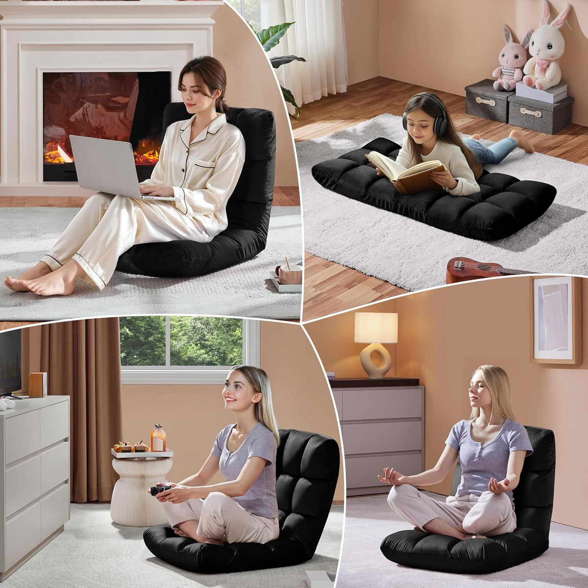 Yaheetech 14-Position Folding Floor Chairs with Back Support Black 2pcs