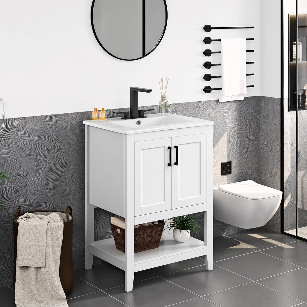 Yaheetech 24 Inch Freestanding Bathroom Vanity with Ceramic Sink, White