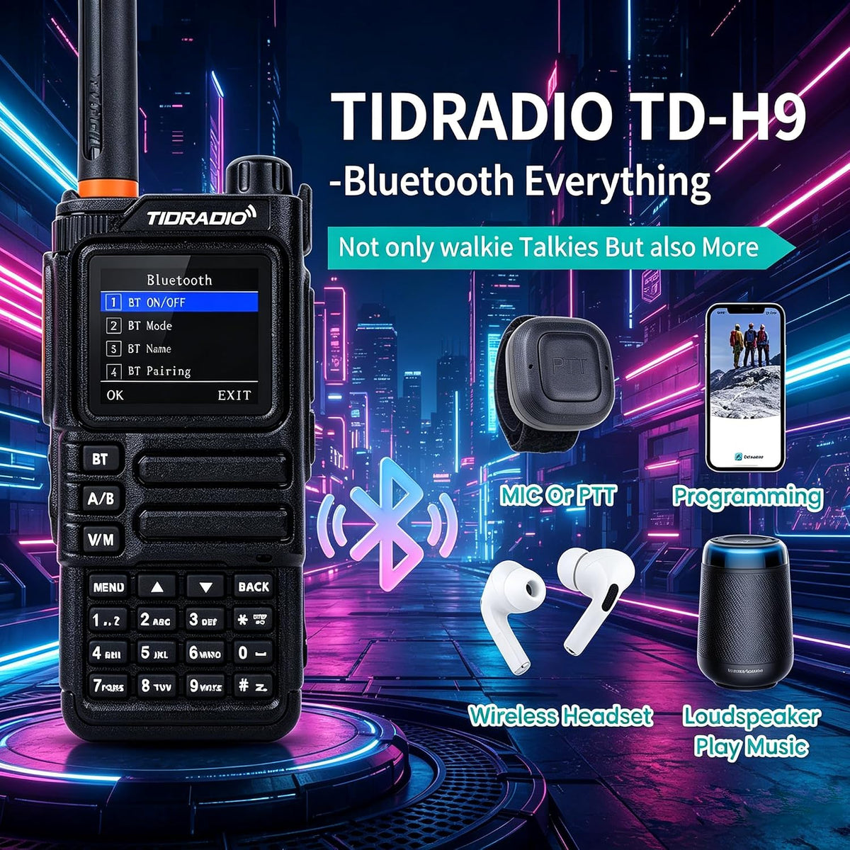 TIDRADIO TD-H9 10W GPS/APRS GMRS Handheld Radio, APP/Web Programming, Bluetoth, Noise Reduction, Repeater Capable, Spectrum Analysis, Compass, Air Band, NOAA, Long Range Walkie Talkies for Off-Roading