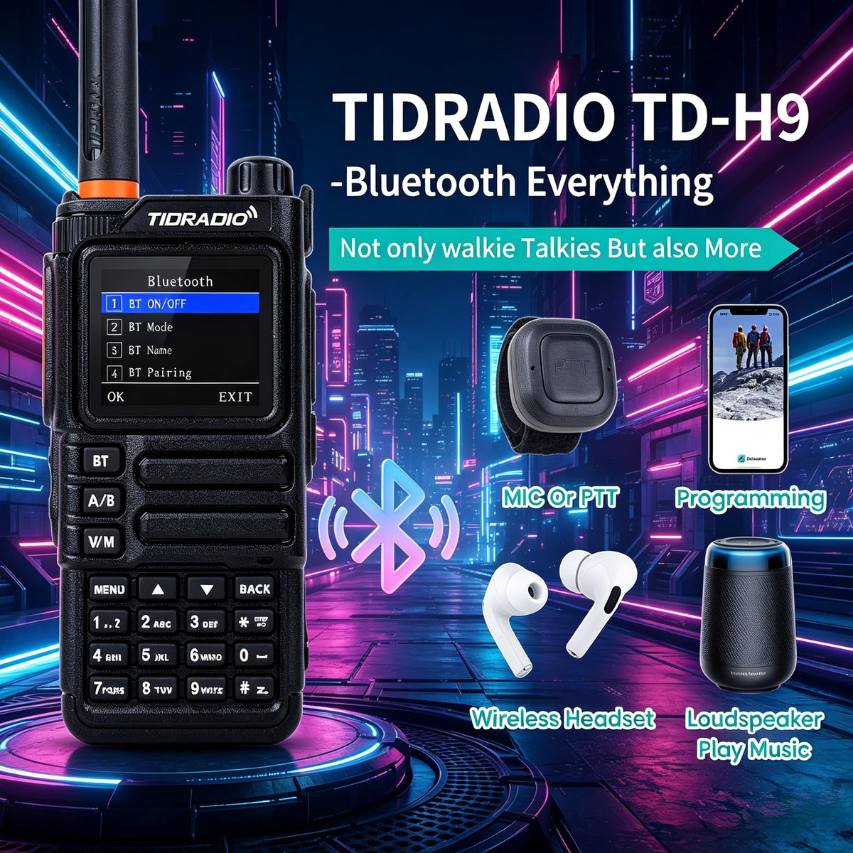 TIDRADIO TD-H9 10W GPS/APRS GMRS Handheld Radio, APP/Web Programming, Bluetoth, Noise Reduction, Repeater Capable, Spectrum Analysis, Compass, Air Band, NOAA, Long Range Walkie Talkies for Off-Roading