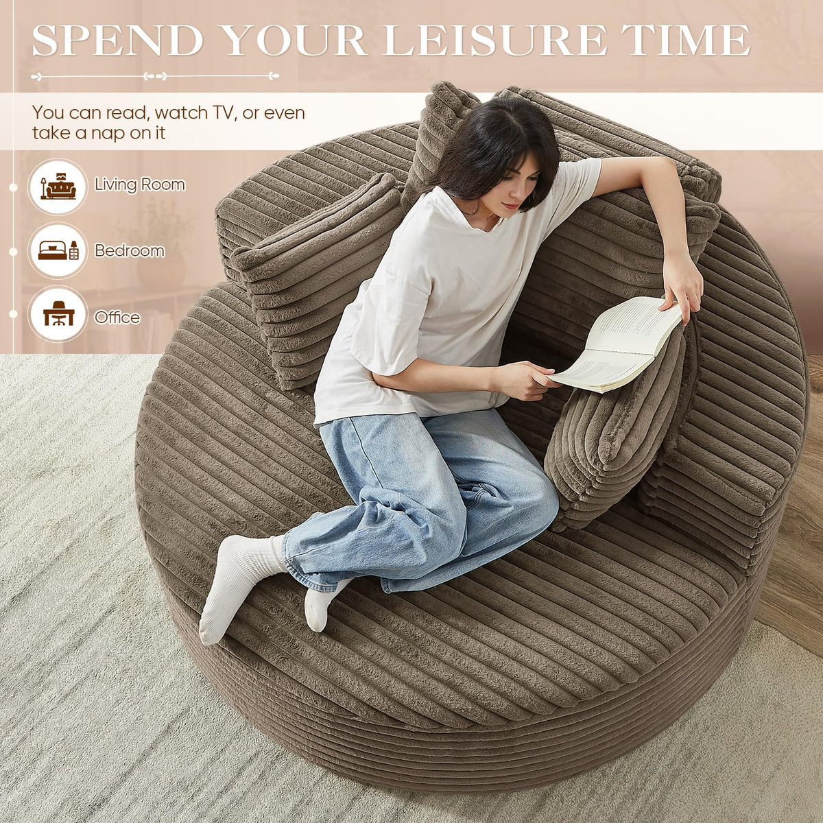 Oversized Round Chaise Longue Chair Indoor, Modern 55-inch Upholstered Corduroy Deep Seat Circle Single Cloud Lounge Floor Sofa Chair for Living Room, Bedroom Apartment, Beige