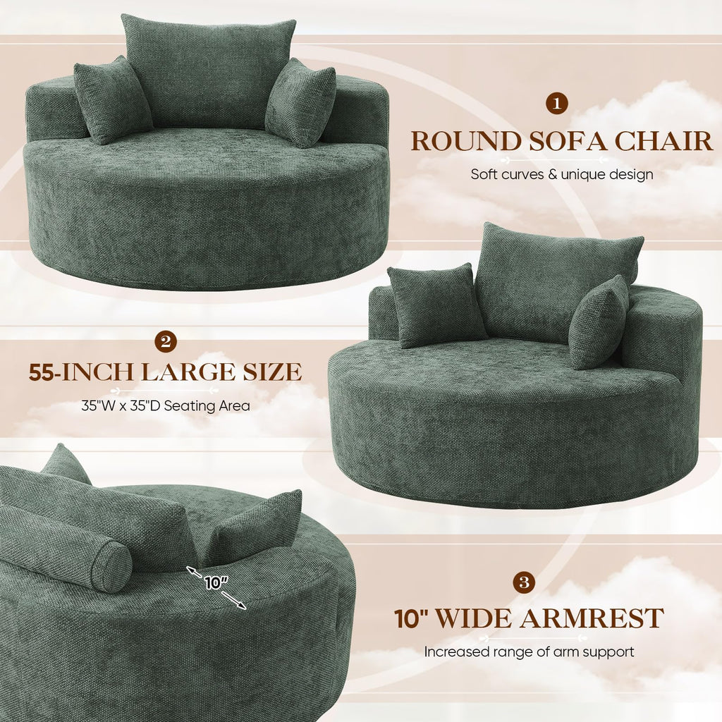 Oversized Round Chaise Longue Chair Indoor, Modern 55-inch Upholstered Corduroy Deep Seat Circle Single Cloud Lounge Floor Sofa Chair for Living Room, Bedroom Apartment, Beige