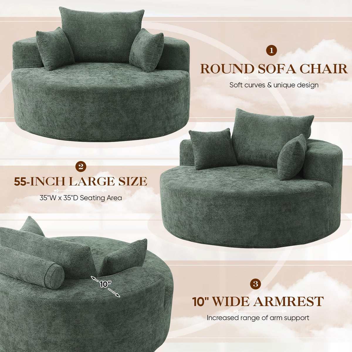Oversized Round Chaise Longue Chair Indoor, Modern 55-inch Upholstered Corduroy Deep Seat Circle Single Cloud Lounge Floor Sofa Chair for Living Room, Bedroom Apartment, Beige