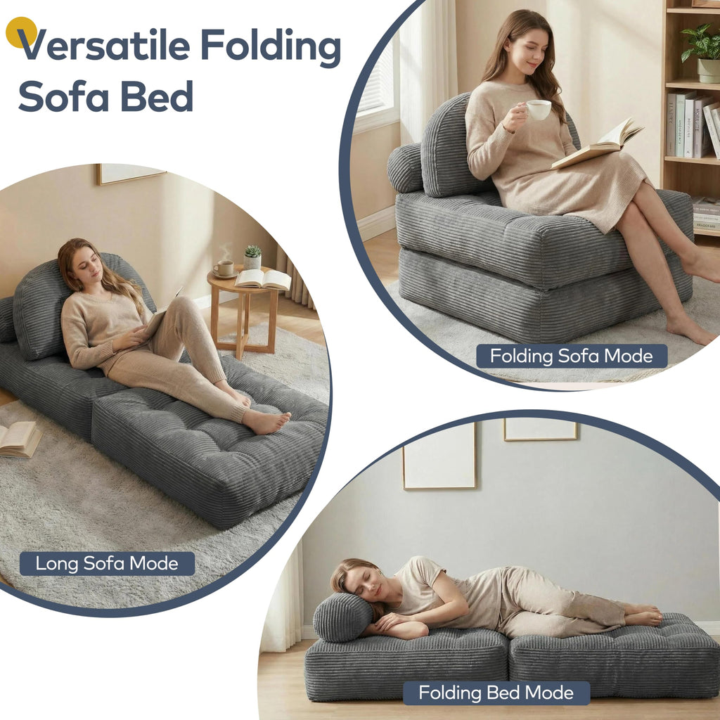 Convertible Corduroy Floor Sofa, 3-in-1 Folding Lazy Sofa Bed with Adjustable Backrest, Soft Bean Bag Chair Lounger for Living Room, Bedroom, Guest Room, Oversized Sleeper Chair