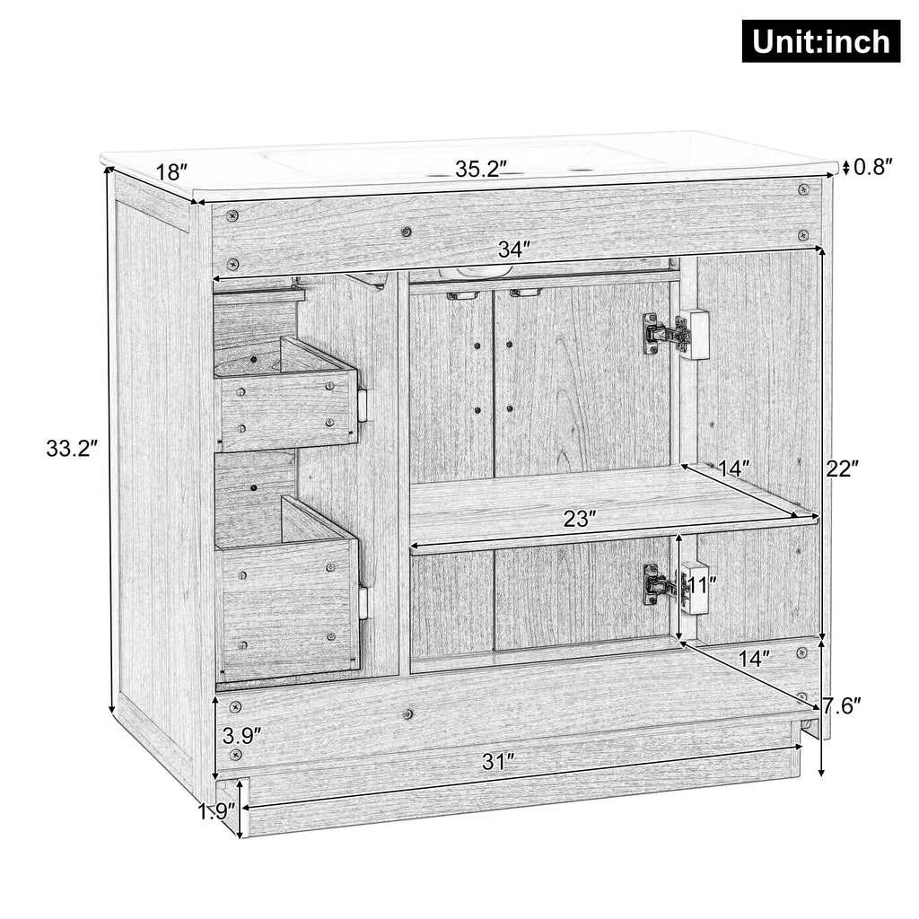 36 Inch Bathroom Vanities with Undermount Ceramic Sink, Storage Cabinet with Soft Closing Doors and Three Drawers, Solid Wood Frame, Natural Wood