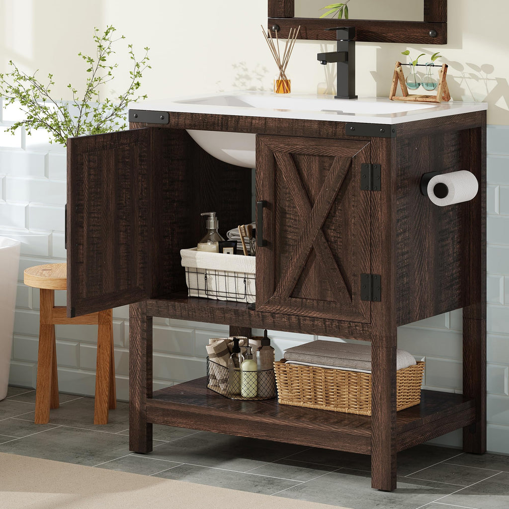 AMERLIFE 48" White Farmhouse Sink Bathroom Vanity, Solid White Top