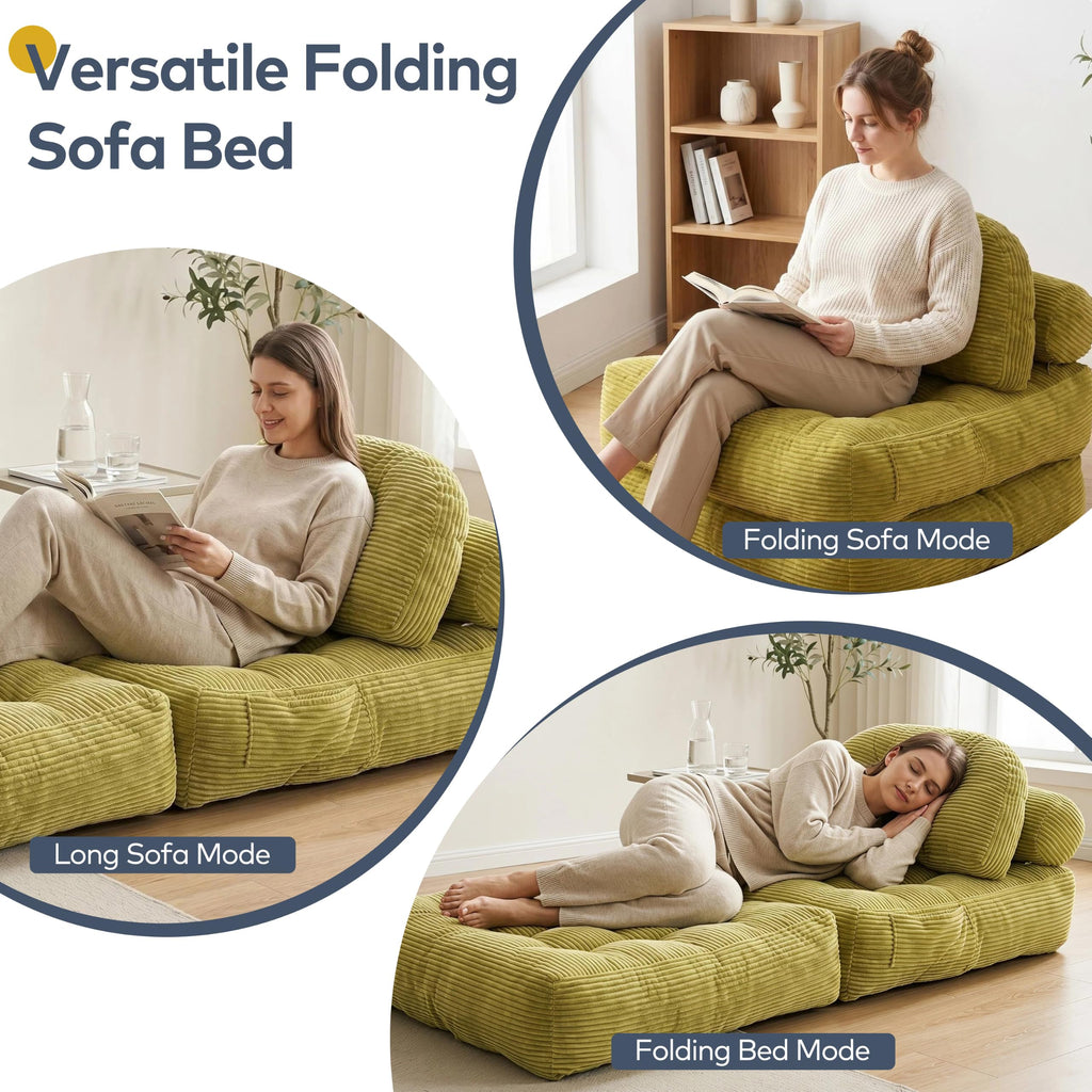 Convertible Corduroy Floor Sofa, 3-in-1 Folding Lazy Sofa Bed with Adjustable Backrest, Soft Bean Bag Chair Lounger for Living Room, Bedroom, Guest Room, Oversized Sleeper Chair