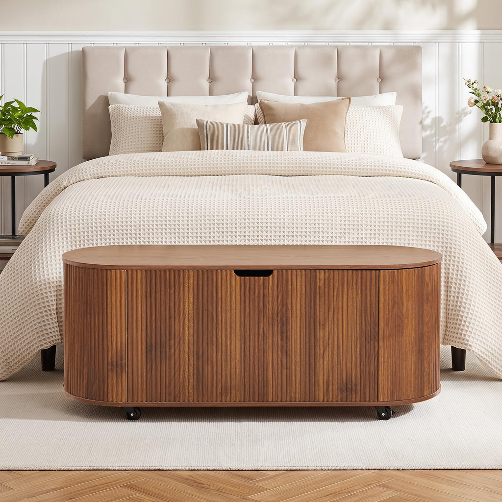 RARZOE 43.3" Fluted Storage Chest, Oval Storage Bench with 4 Wheels,(Green)