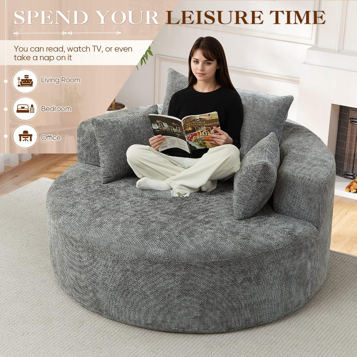 Oversized Round Chaise Longue Chair Indoor, Modern 55-inch Upholstered Corduroy Deep Seat Circle Single Cloud Lounge Floor Sofa Chair for Living Room, Bedroom Apartment, Beige