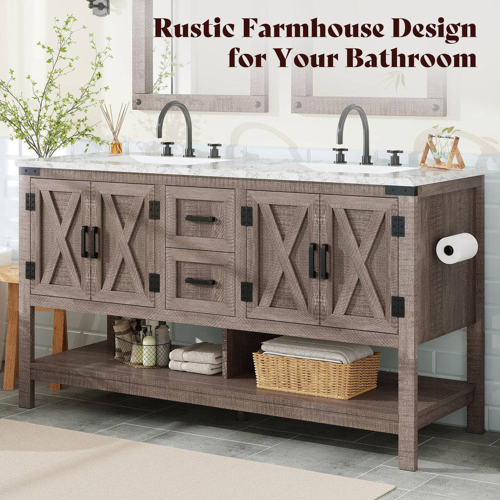 AMERLIFE 48" White Farmhouse Sink Bathroom Vanity, Solid White Top