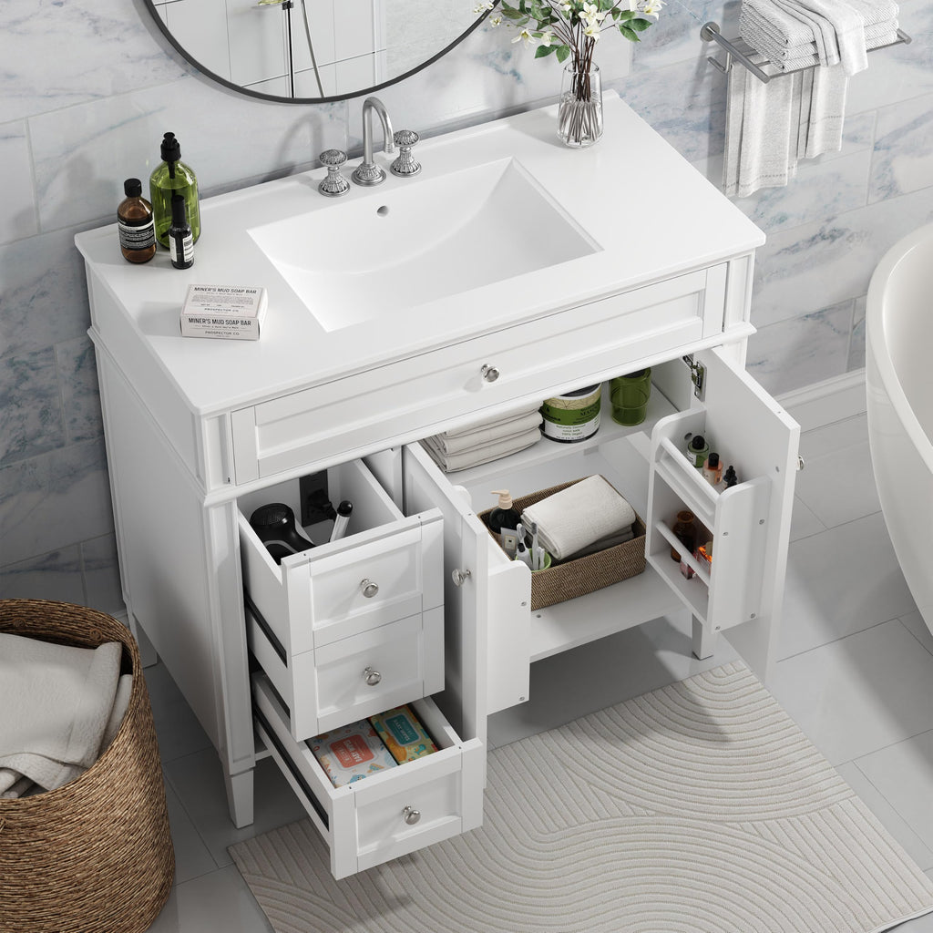 30" Bathroom Vanity with Sink, Solid Wood Frame Modern with Charging Station, Bathroom Single Sink Cabinet with 2 Drawers and 1 Doors, Gold Metal Handles, Black