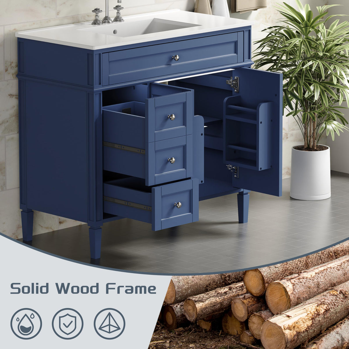 30" Bathroom Vanity with Sink, Solid Wood Frame Modern with Charging Station, Bathroom Single Sink Cabinet with 2 Drawers and 1 Doors, Gold Metal Handles, Black