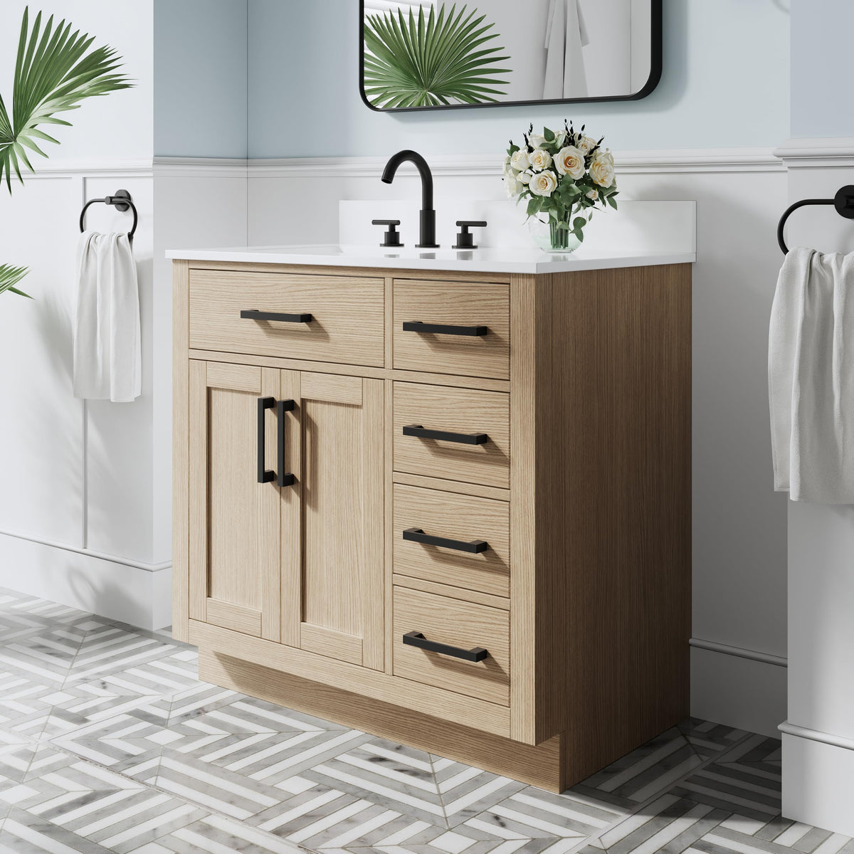 WELLFOR 36-Inch Bathroom Vanity with Sink W/ 2 Doors & 4 Drawers & 1 Flip Drawer,Navy Blue Vanity W/Matte Black Handles