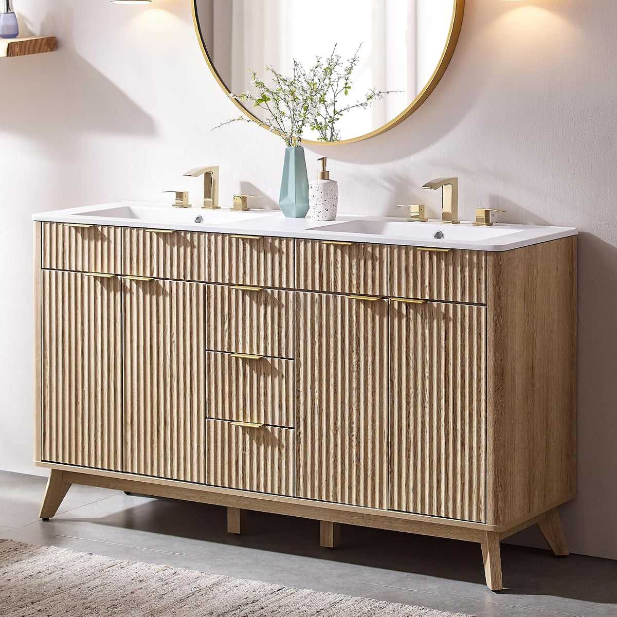 T4TREAM 60" Fluted Bathroom Vanity with Resin Sink Combo, Natural Oak