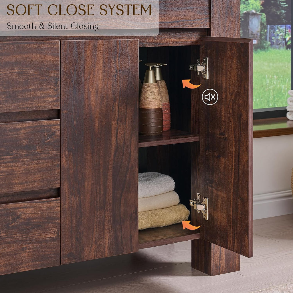 T4TREAM 36 Inch Bathroom Vanity with Sink, Modern Single Sink Bathroom Vanity, Large Bathroom Drawered Cabinet with Handle-Free Design, Dark Walnut