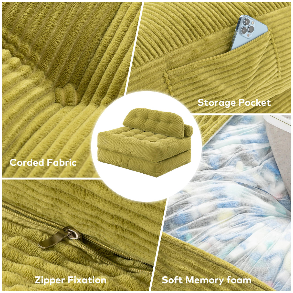 Convertible Corduroy Floor Sofa, 3-in-1 Folding Lazy Sofa Bed with Adjustable Backrest, Soft Bean Bag Chair Lounger for Living Room, Bedroom, Guest Room, Oversized Sleeper Chair