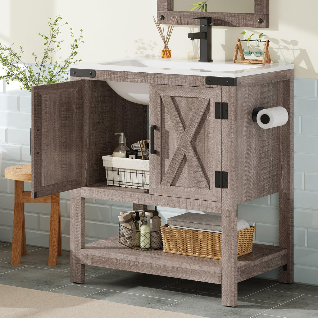 AMERLIFE 48" White Farmhouse Sink Bathroom Vanity, Solid White Top