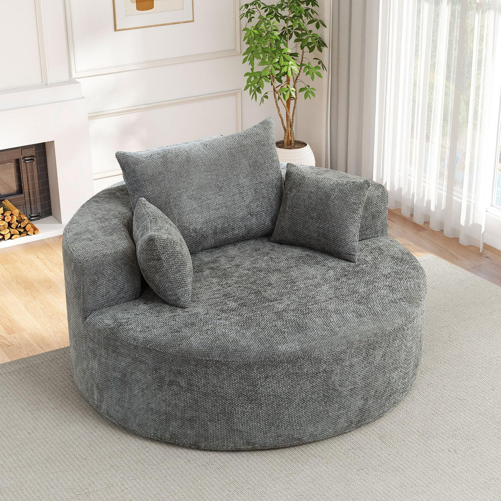 Oversized Round Chaise Longue Chair Indoor, Modern 55-inch Upholstered Corduroy Deep Seat Circle Single Cloud Lounge Floor Sofa Chair for Living Room, Bedroom Apartment, Beige