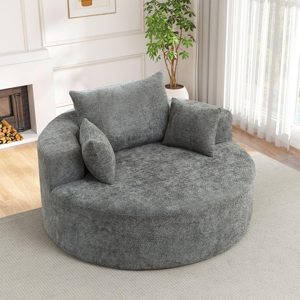 Oversized Round Chaise Longue Chair Indoor, Modern 55-inch Upholstered Corduroy Deep Seat Circle Single Cloud Lounge Floor Sofa Chair for Living Room, Bedroom Apartment, Beige