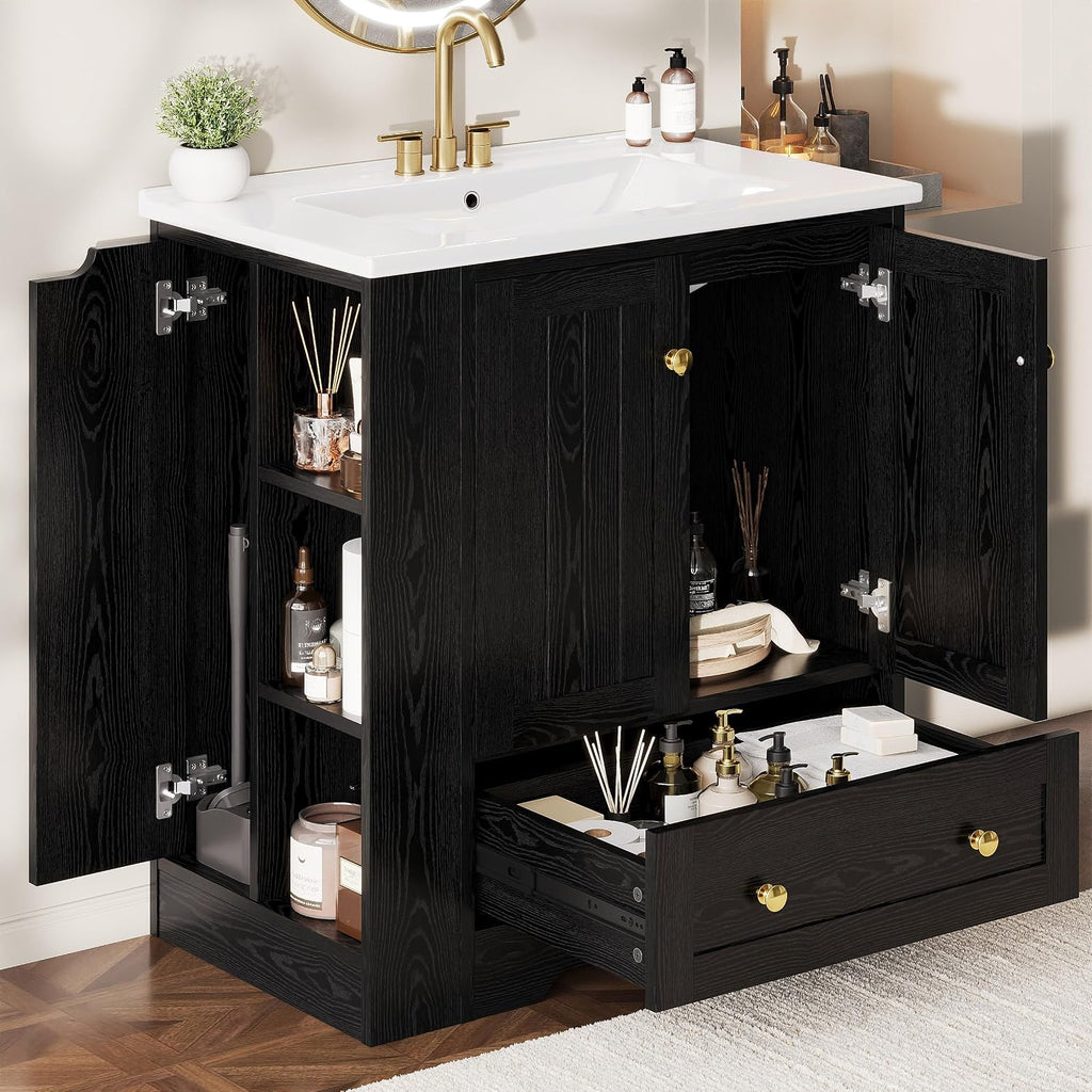 IRONCK Bathroom Vanity with Ceramic Sink, 30" Bathroom Cabinet, Black