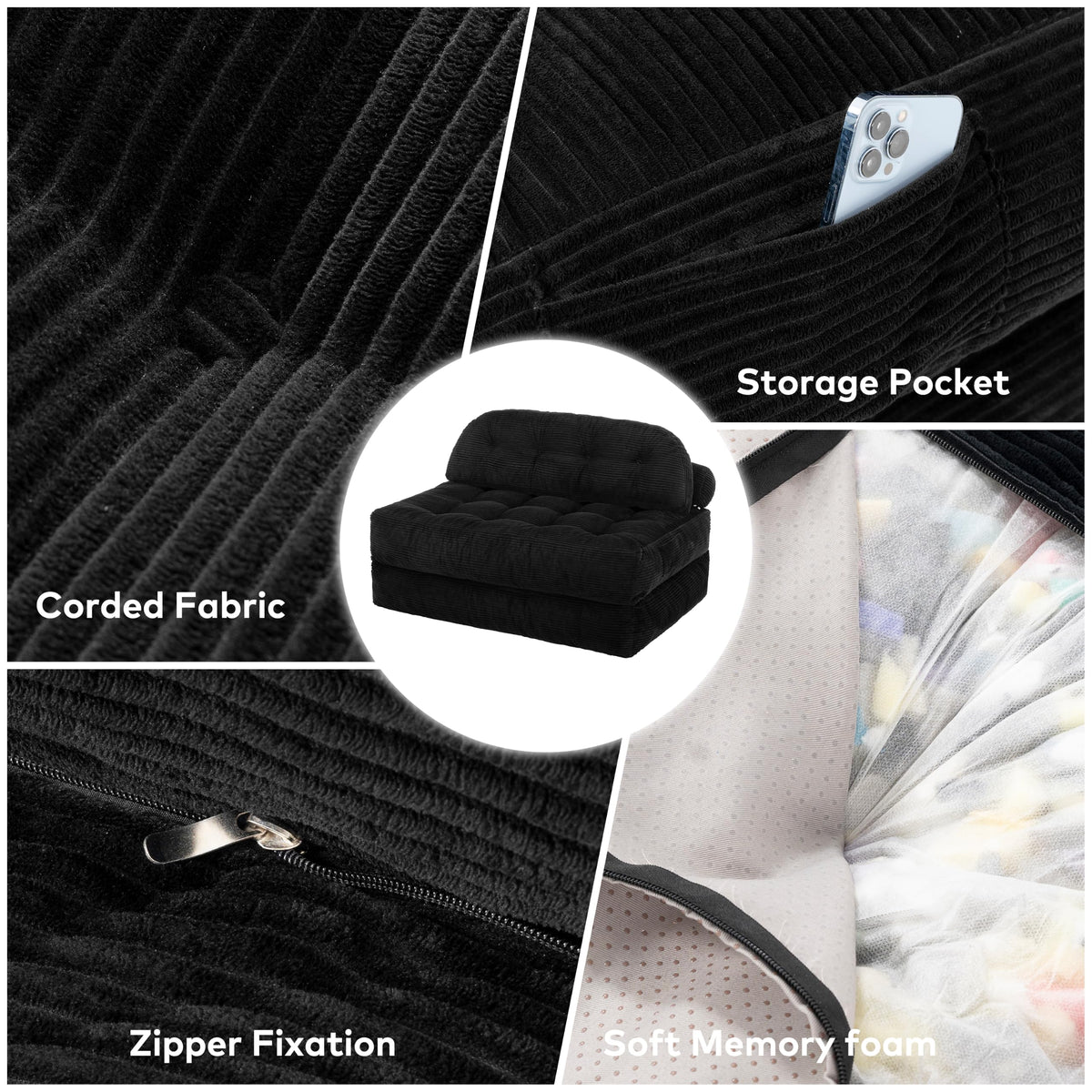 Convertible Corduroy Floor Sofa, 3-in-1 Folding Lazy Sofa Bed with Adjustable Backrest, Soft Bean Bag Chair Lounger for Living Room, Bedroom, Guest Room, Oversized Sleeper Chair