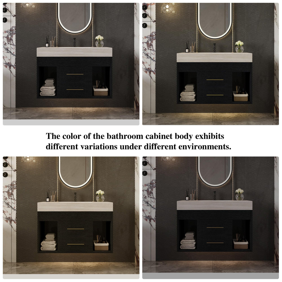 Glintee 40" Floating Bathroom Vanity & Sintered Stone Top, Black