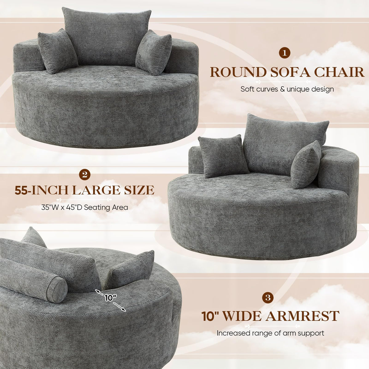 Oversized Round Chaise Longue Chair Indoor, Modern 55-inch Upholstered Corduroy Deep Seat Circle Single Cloud Lounge Floor Sofa Chair for Living Room, Bedroom Apartment, Beige