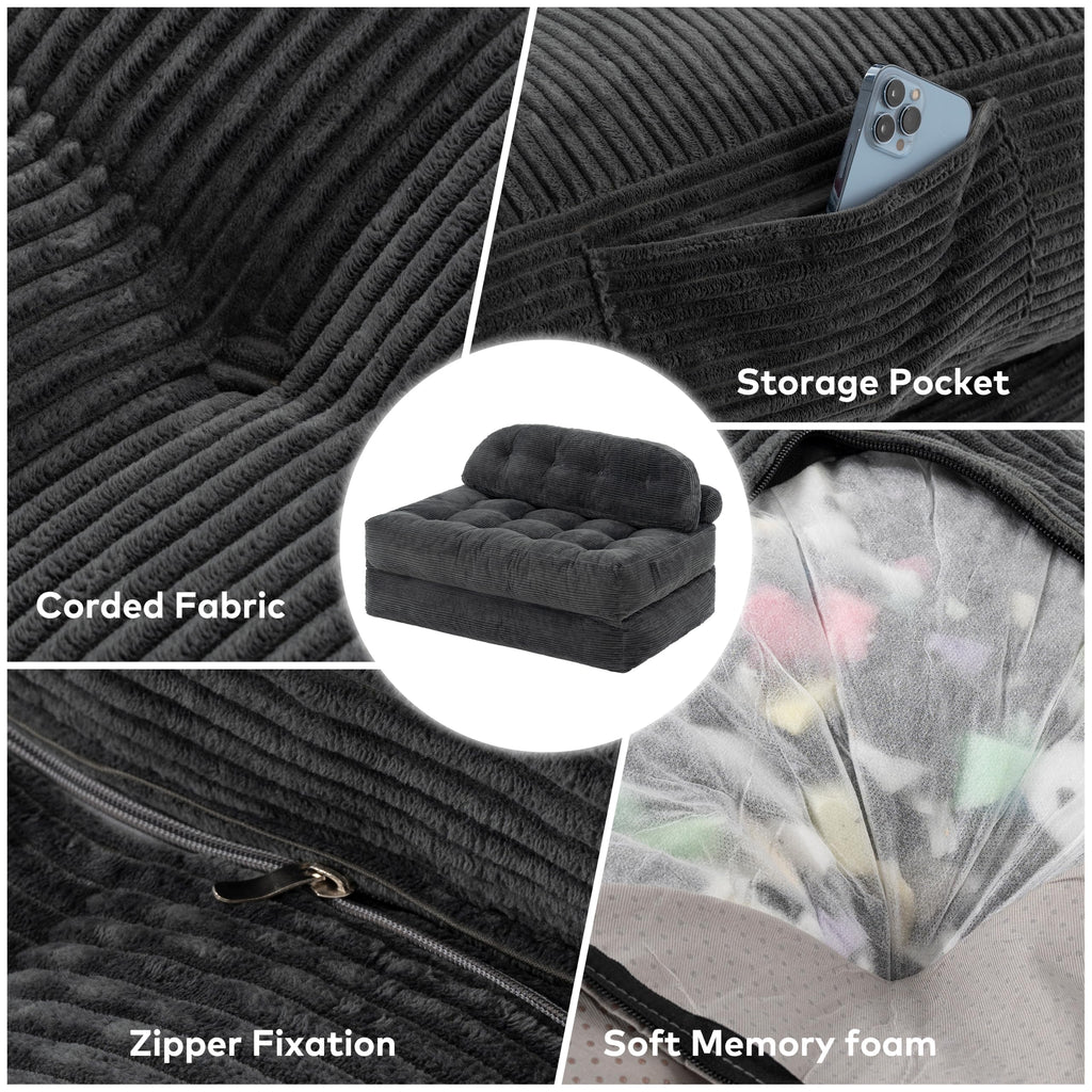 Convertible Corduroy Floor Sofa, 3-in-1 Folding Lazy Sofa Bed with Adjustable Backrest, Soft Bean Bag Chair Lounger for Living Room, Bedroom, Guest Room, Oversized Sleeper Chair