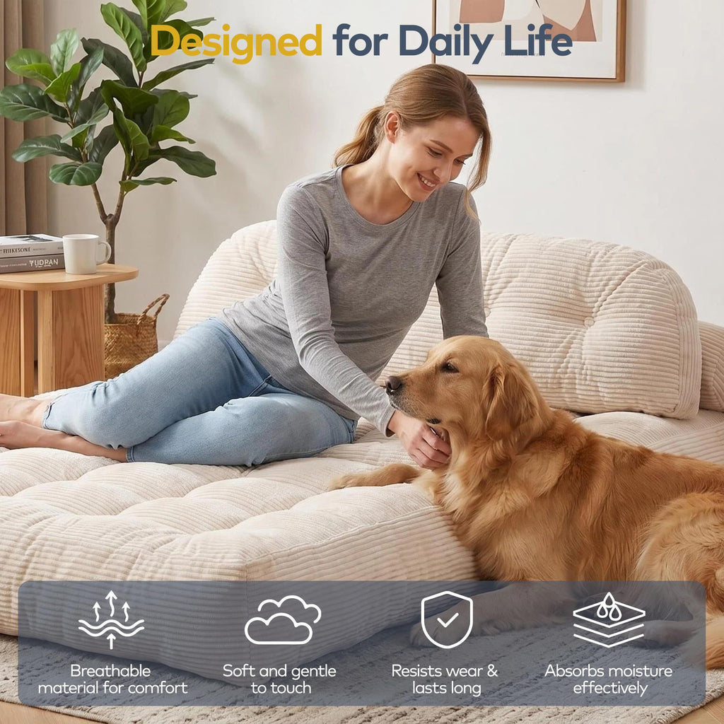 Convertible Corduroy Floor Sofa, 3-in-1 Folding Lazy Sofa Bed with Adjustable Backrest, Soft Bean Bag Chair Lounger for Living Room, Bedroom, Guest Room, Oversized Sleeper Chair