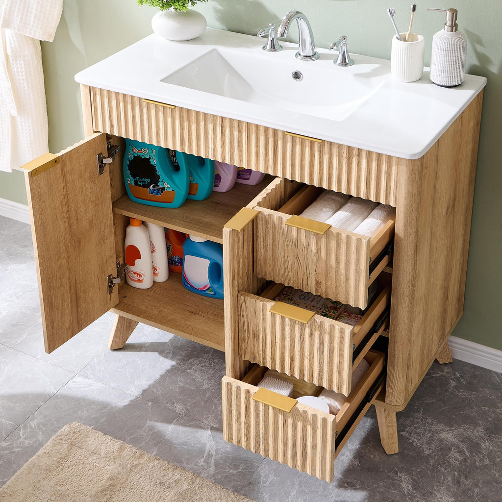 T4TREAM 60" Fluted Bathroom Vanity with Resin Sink Combo, Natural Oak