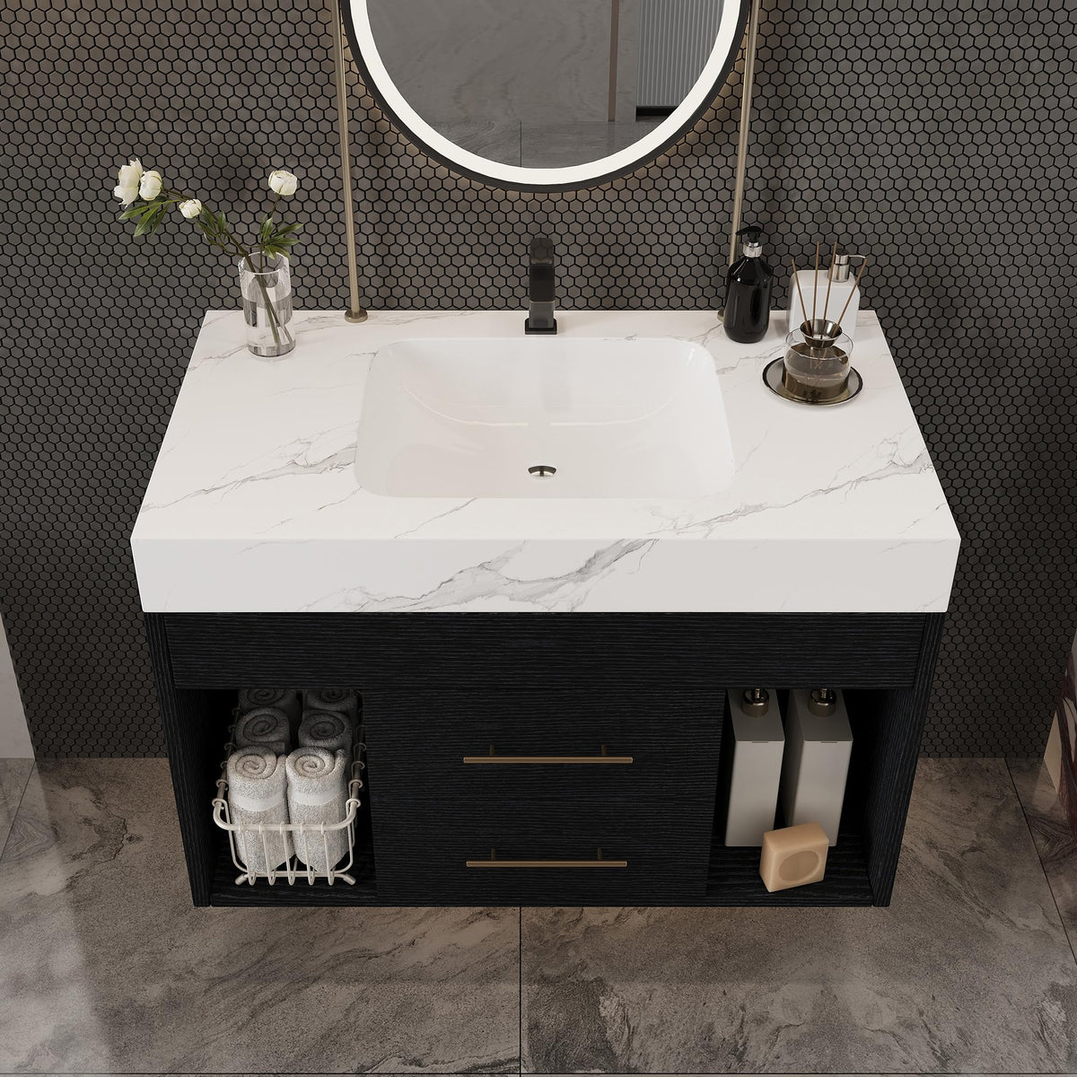 Glintee 40" Floating Bathroom Vanity & Sintered Stone Top, Black