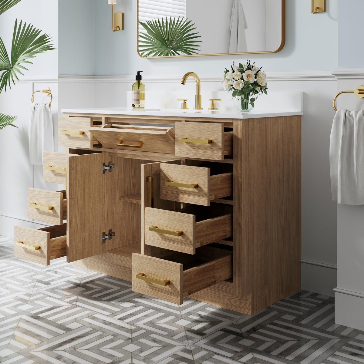 WELLFOR 36-Inch Bathroom Vanity with Sink W/ 2 Doors & 4 Drawers & 1 Flip Drawer,Navy Blue Vanity W/Matte Black Handles