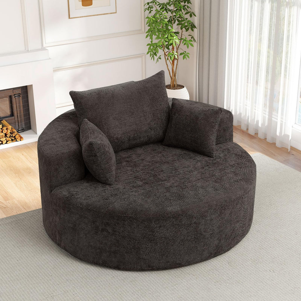 Oversized Round Chaise Longue Chair Indoor, Modern 55-inch Upholstered Corduroy Deep Seat Circle Single Cloud Lounge Floor Sofa Chair for Living Room, Bedroom Apartment, Beige