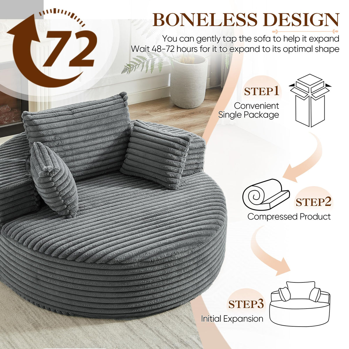 Oversized Round Chaise Longue Chair Indoor, Modern 55-inch Upholstered Corduroy Deep Seat Circle Single Cloud Lounge Floor Sofa Chair for Living Room, Bedroom Apartment, Beige
