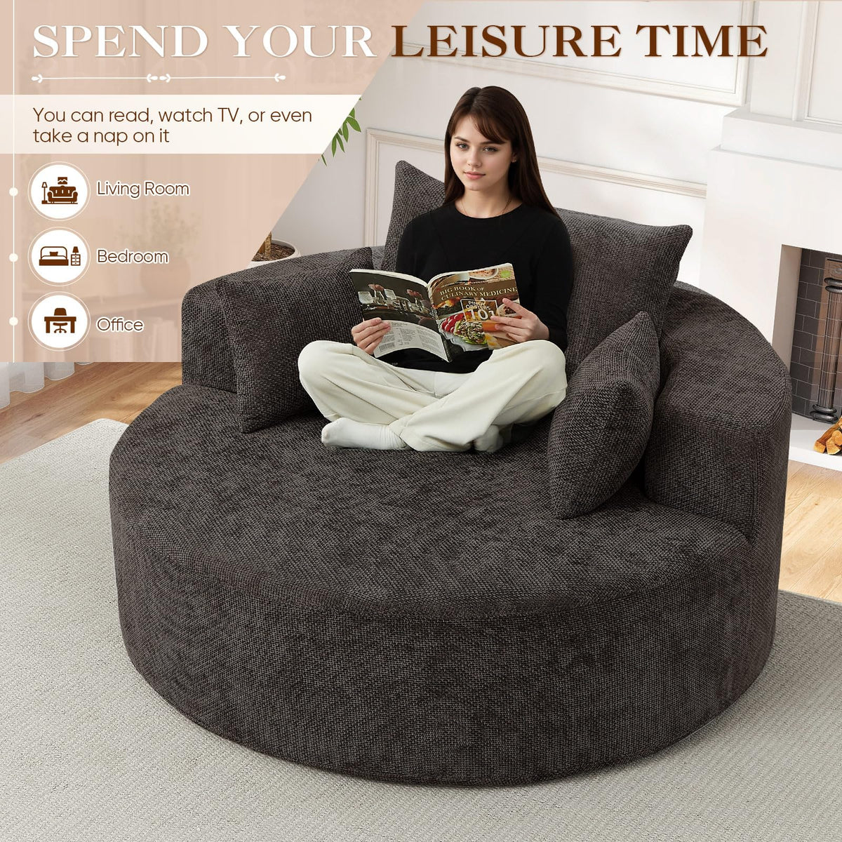 Oversized Round Chaise Longue Chair Indoor, Modern 55-inch Upholstered Corduroy Deep Seat Circle Single Cloud Lounge Floor Sofa Chair for Living Room, Bedroom Apartment, Beige