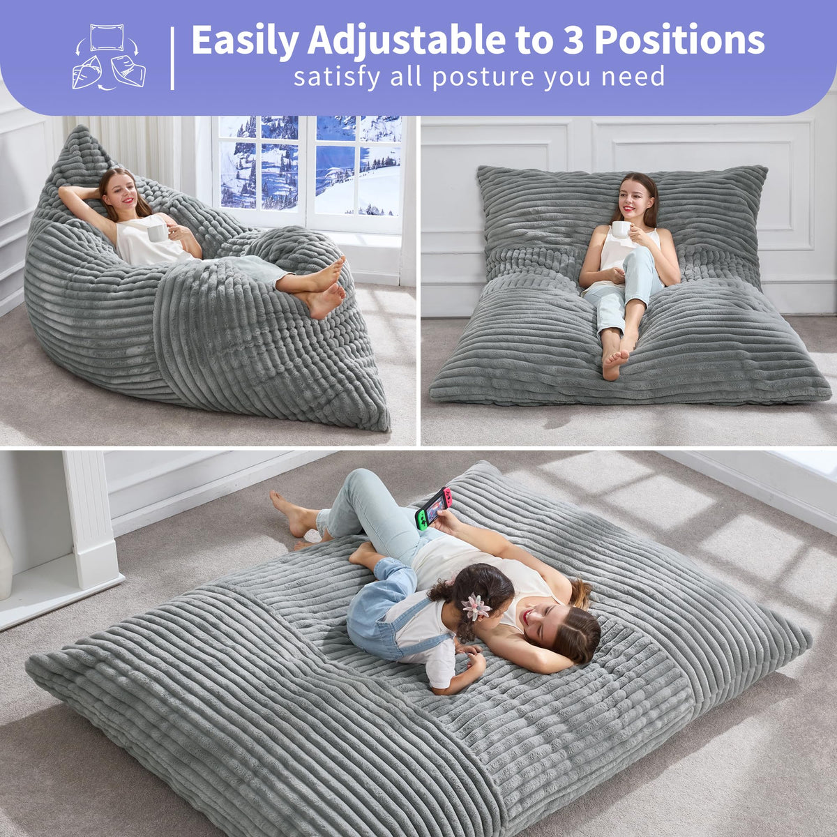 Hobestluk Adult Bean Bag Chair 3 in 1 Convertible Large Bean Bag Sofa