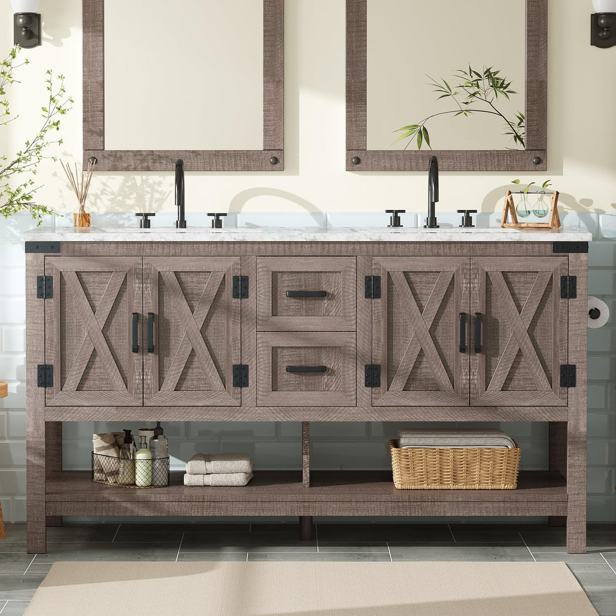 AMERLIFE 48" White Farmhouse Sink Bathroom Vanity, Solid White Top