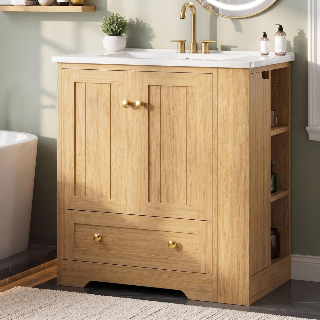IRONCK Bathroom Vanity with Ceramic Sink, 30" Bathroom Cabinet, Black