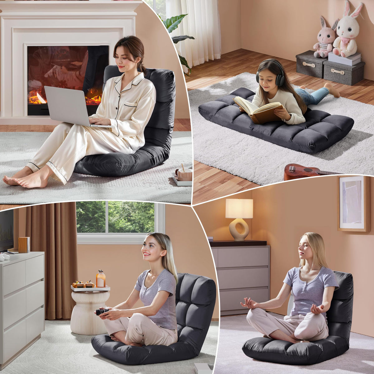 Yaheetech 14-Position Folding Floor Chairs with Back Support Black 2pcs