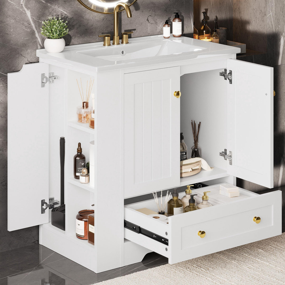 IRONCK Bathroom Vanity with Ceramic Sink, 30" Bathroom Cabinet, Black