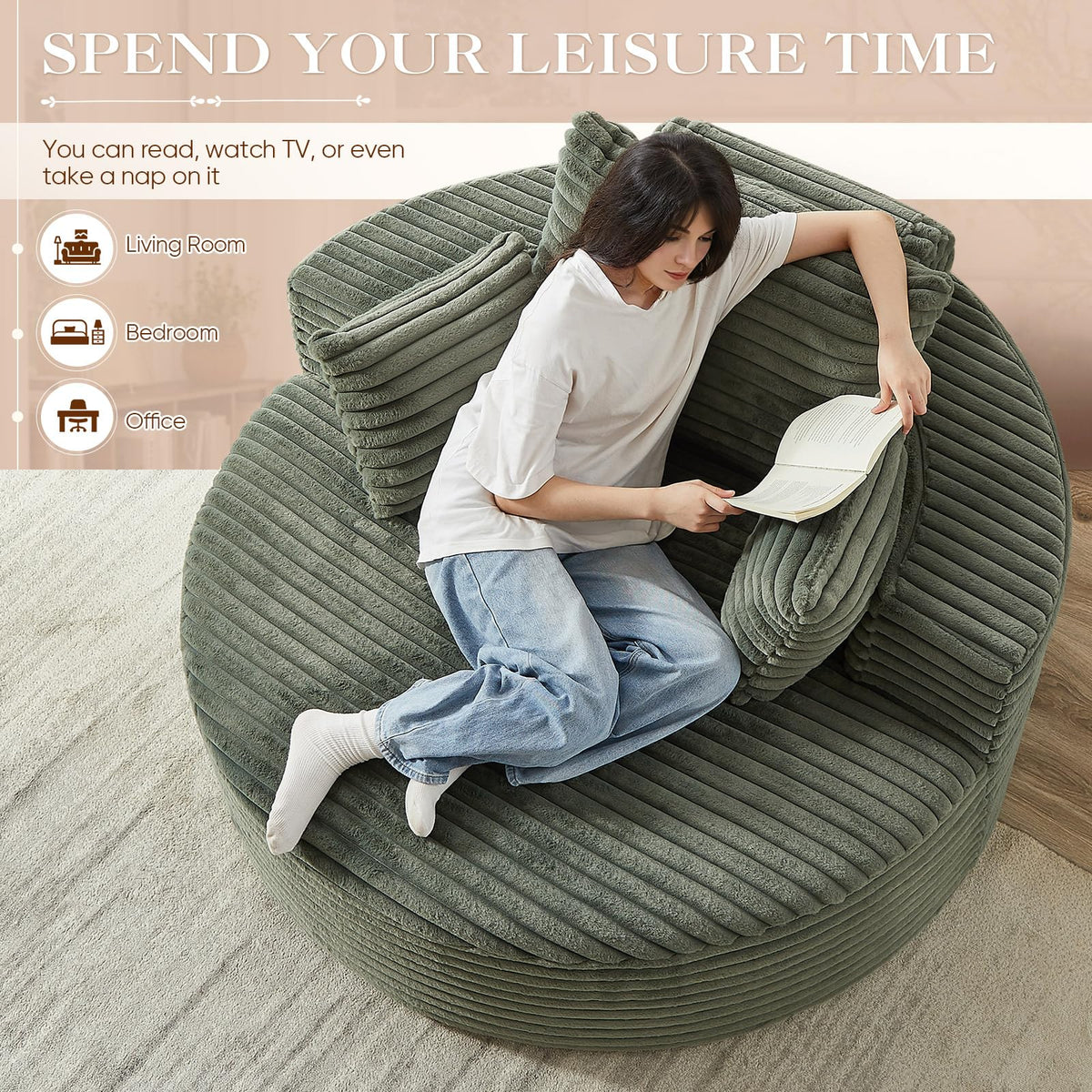 Oversized Round Chaise Longue Chair Indoor, Modern 55-inch Upholstered Corduroy Deep Seat Circle Single Cloud Lounge Floor Sofa Chair for Living Room, Bedroom Apartment, Beige