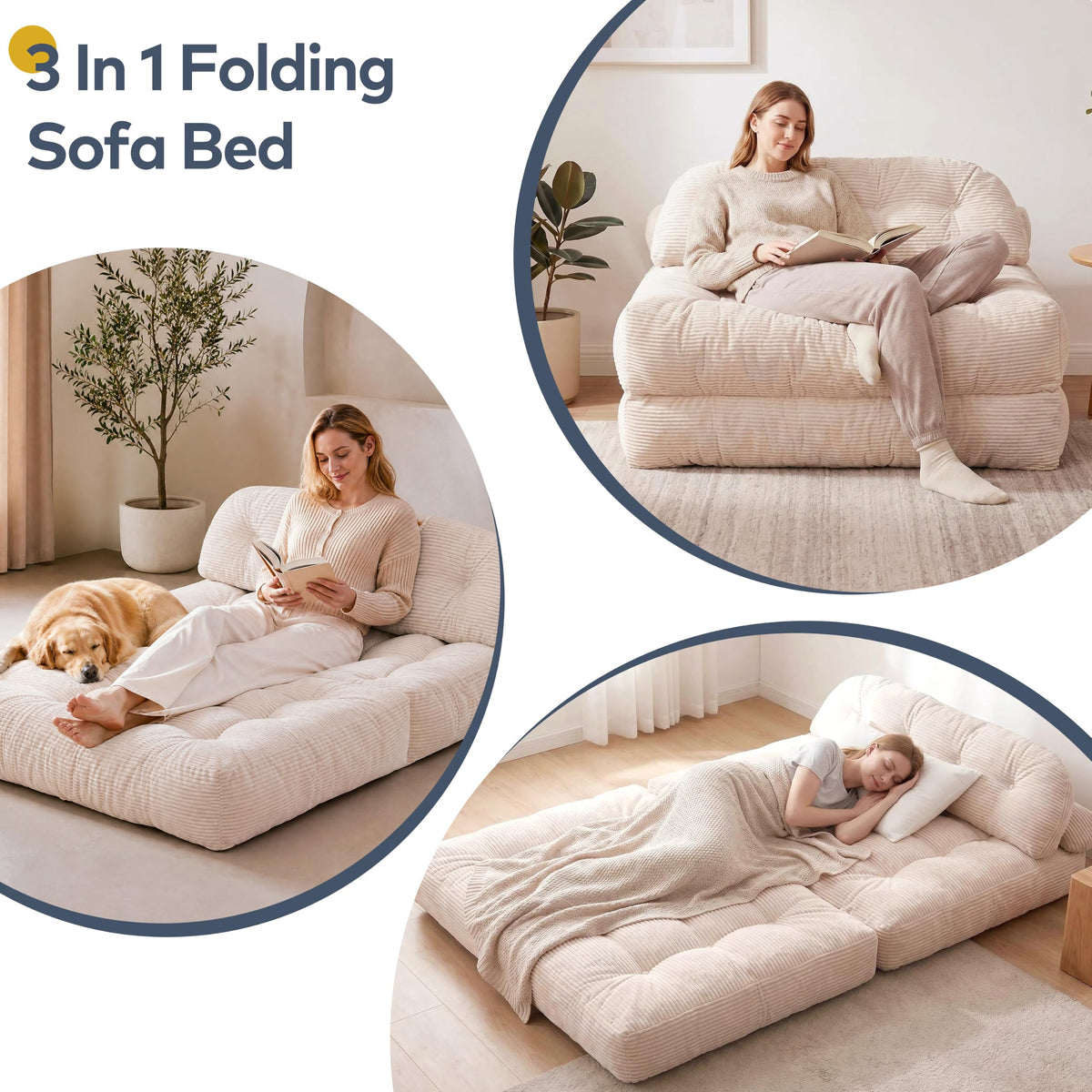 Convertible Corduroy Floor Sofa, 3-in-1 Folding Lazy Sofa Bed with Adjustable Backrest, Soft Bean Bag Chair Lounger for Living Room, Bedroom, Guest Room, Oversized Sleeper Chair