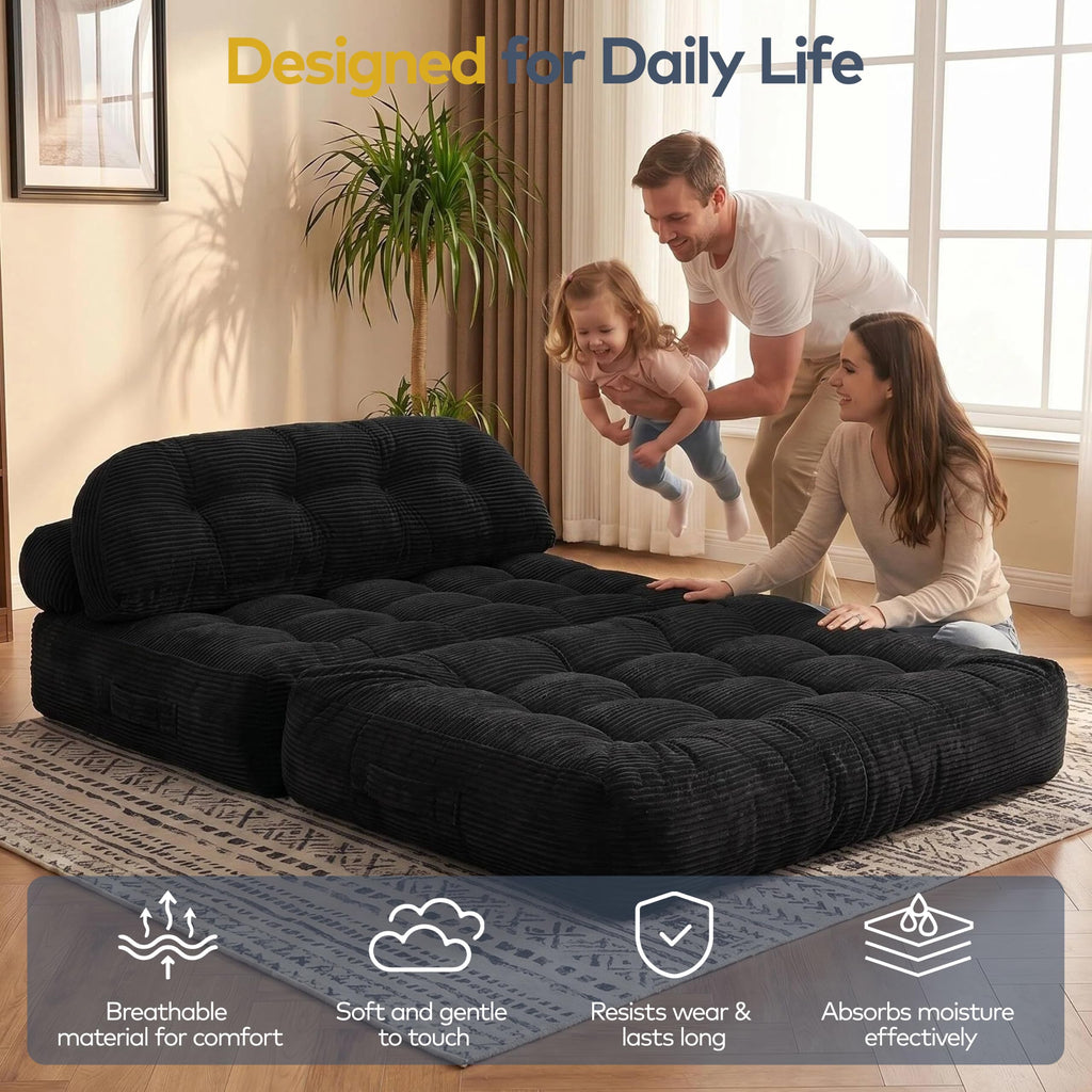 Convertible Corduroy Floor Sofa, 3-in-1 Folding Lazy Sofa Bed with Adjustable Backrest, Soft Bean Bag Chair Lounger for Living Room, Bedroom, Guest Room, Oversized Sleeper Chair