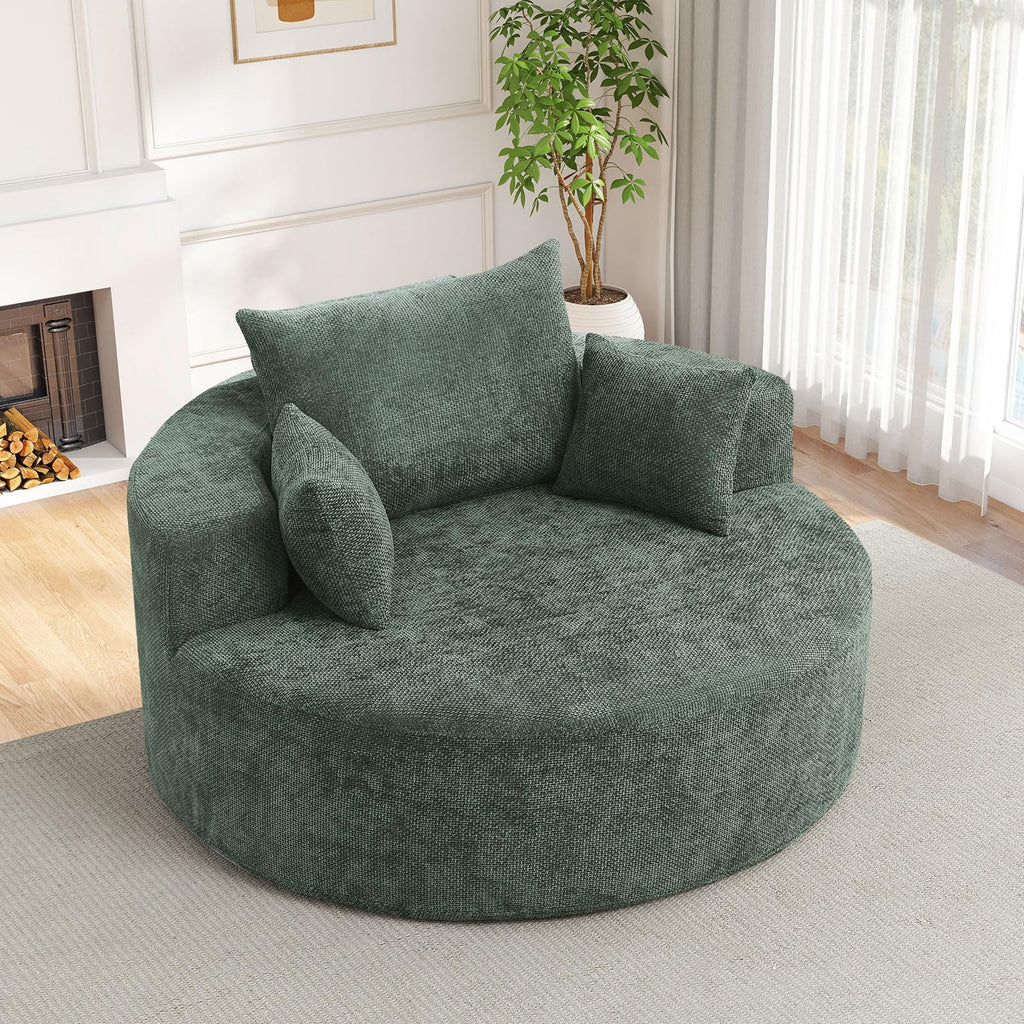 Oversized Round Chaise Longue Chair Indoor, Modern 55-inch Upholstered Corduroy Deep Seat Circle Single Cloud Lounge Floor Sofa Chair for Living Room, Bedroom Apartment, Beige