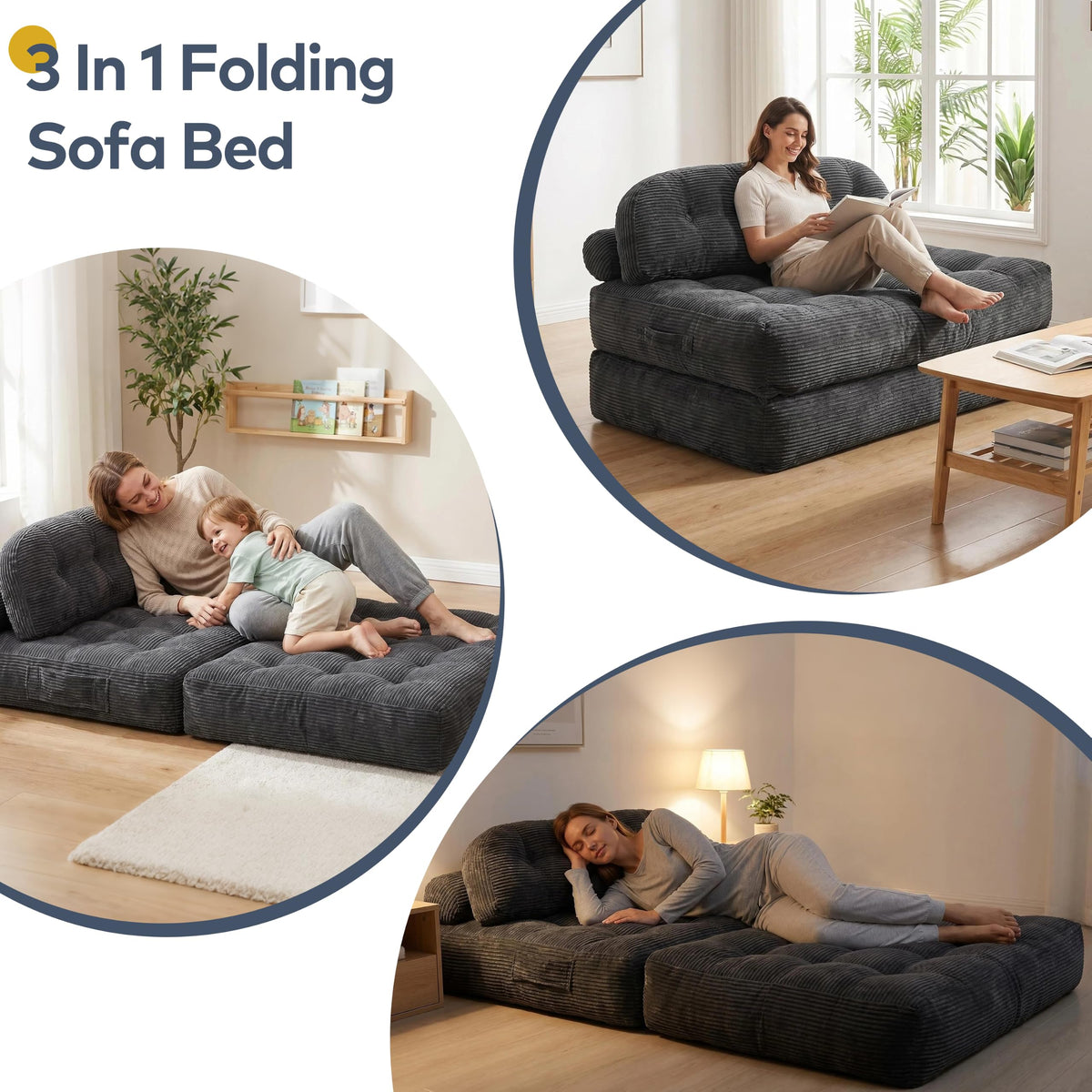 Convertible Corduroy Floor Sofa, 3-in-1 Folding Lazy Sofa Bed with Adjustable Backrest, Soft Bean Bag Chair Lounger for Living Room, Bedroom, Guest Room, Oversized Sleeper Chair