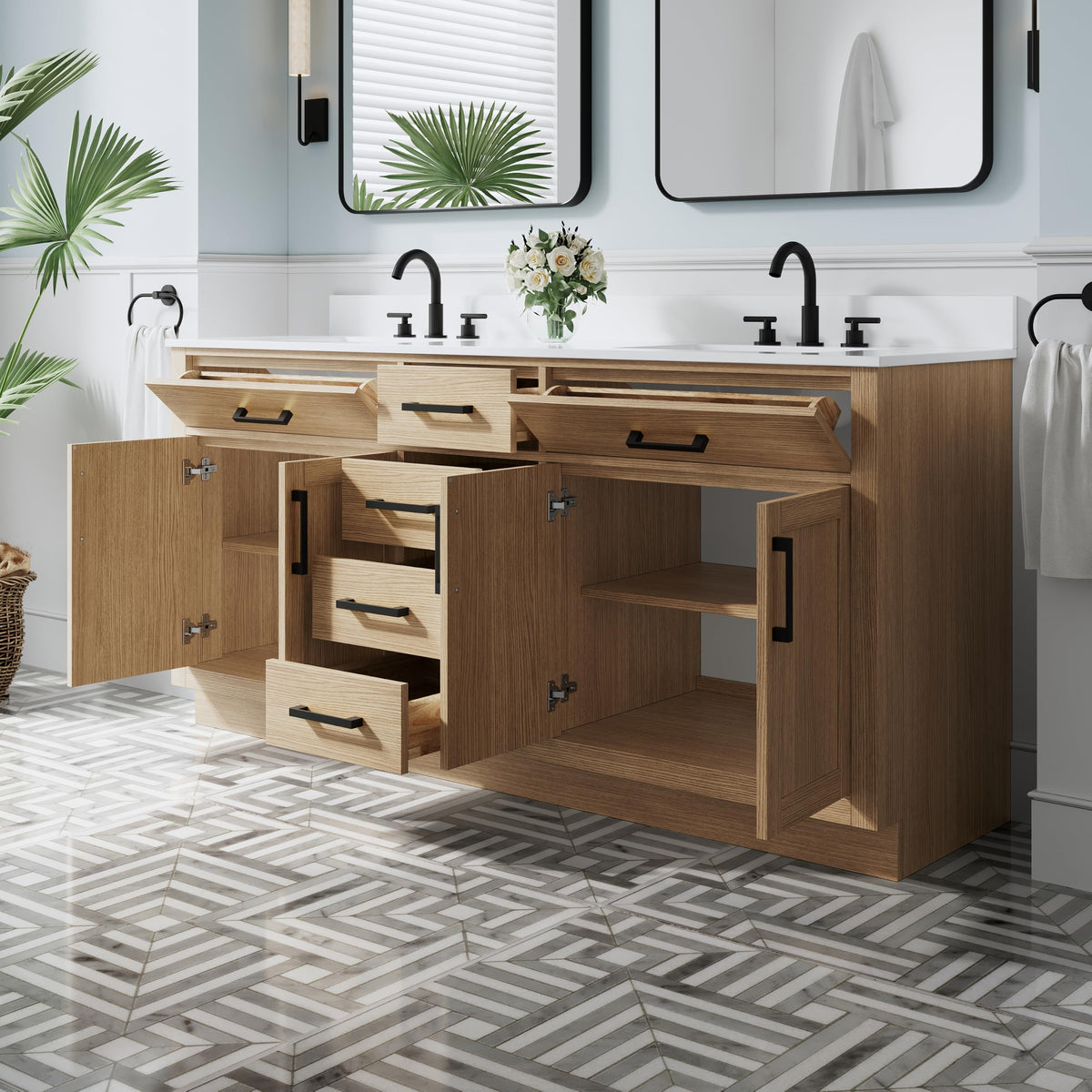 WELLFOR 36-Inch Bathroom Vanity with Sink W/ 2 Doors & 4 Drawers & 1 Flip Drawer,Navy Blue Vanity W/Matte Black Handles