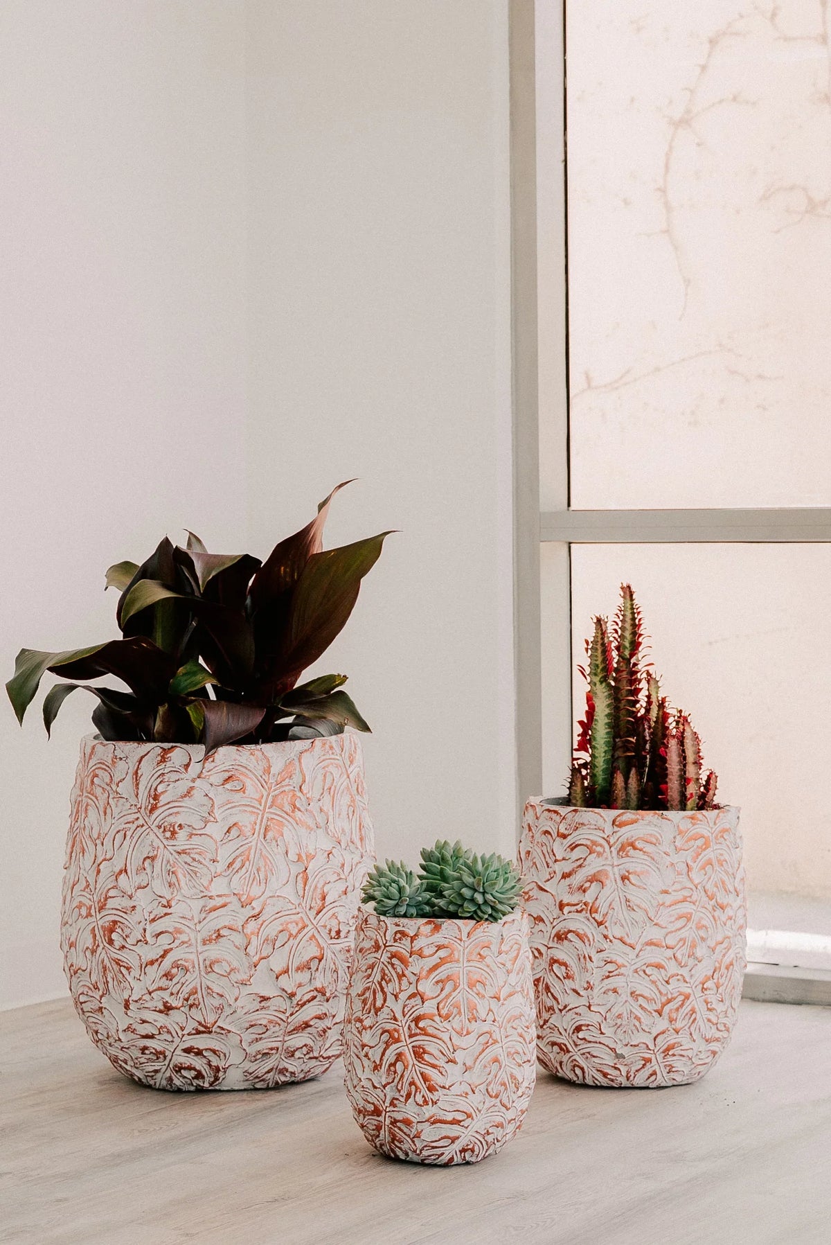 XBrand 19.3", 15.4" and 12.2"H Tall Beige and Golden Fiberstone/Cement Indoor Outdoor Planters (Set of 3), Modern Decorative Plant Pots with Drain Hole for All House Plants, Succulents & Flowers